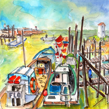 Painting titled "Boardwalks and Boat…" by Miki De Goodaboom, Original Artwork, Watercolor