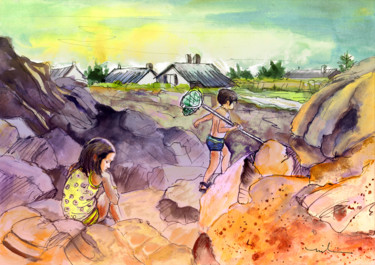 Peinture intitulée "Children on The Roc…" par Miki De Goodaboom, Œuvre d'art originale, Aquarelle