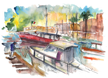 Картина под названием "Boats in Palermo 02" - Miki De Goodaboom, Подлинное произведение искусства, Акварель