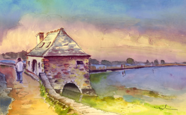 Malerei mit dem Titel "House By The Water…" von Miki De Goodaboom, Original-Kunstwerk, Aquarell