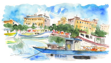 Schilderij getiteld "Boats in Siracusa 01" door Miki De Goodaboom, Origineel Kunstwerk, Aquarel