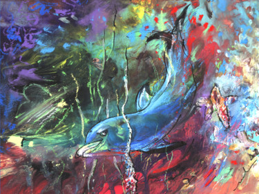 Schilderij getiteld "Dolphin Dives" door Miki De Goodaboom, Origineel Kunstwerk, Acryl