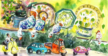 Картина под названием "Ducks In Taormina" - Miki De Goodaboom, Подлинное произведение искусства, Акварель