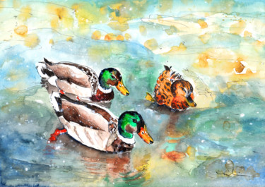 Painting titled "Family Life On Lake…" by Miki De Goodaboom, Original Artwork, Watercolor