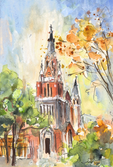 Schilderij getiteld "A Church In Our Str…" door Miki De Goodaboom, Origineel Kunstwerk, Aquarel