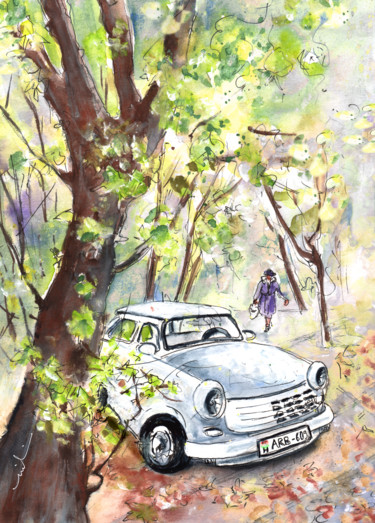 Painting titled "A White Trabant In…" by Miki De Goodaboom, Original Artwork, Watercolor