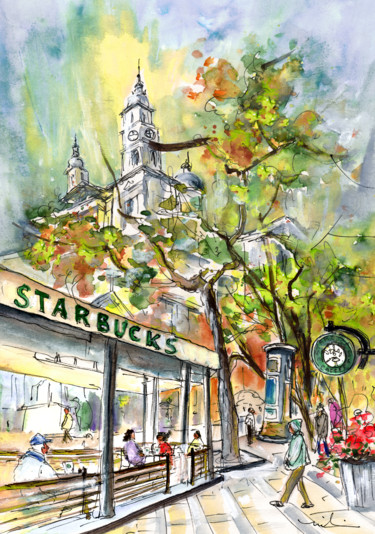 Peinture intitulée "Starbucks Cafe In B…" par Miki De Goodaboom, Œuvre d'art originale, Aquarelle