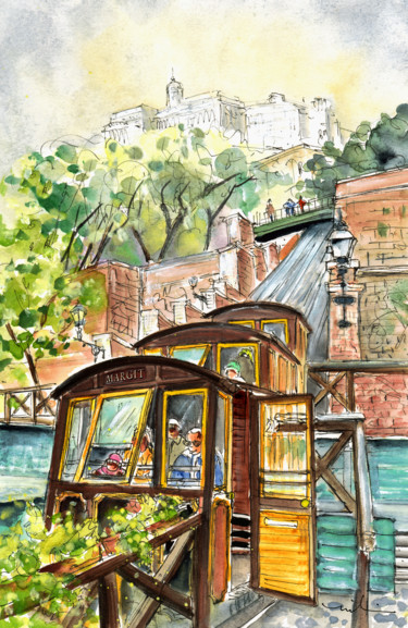 Painting titled "The Funicular From…" by Miki De Goodaboom, Original Artwork, Watercolor