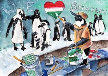 Malerei mit dem Titel "The Penguins From B…" von Miki De Goodaboom, Original-Kunstwerk, Aquarell