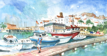 Schilderij getiteld "Peniscola Harbour 01" door Miki De Goodaboom, Origineel Kunstwerk, Aquarel