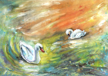 Pittura intitolato "Swans From Bergamo" da Miki De Goodaboom, Opera d'arte originale, Acquarello