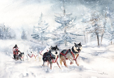 Painting titled "Huskies Sledge In G…" by Miki De Goodaboom, Original Artwork, Watercolor