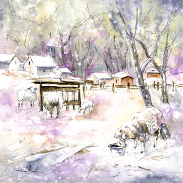 Painting titled "Sheep In Snow In Ge…" by Miki De Goodaboom, Original Artwork, Watercolor