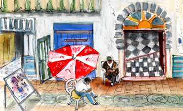 Schilderij getiteld "Street Scene In Ess…" door Miki De Goodaboom, Origineel Kunstwerk, Gouache