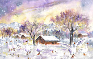 Painting titled "Geese In Germany In…" by Miki De Goodaboom, Original Artwork, Watercolor