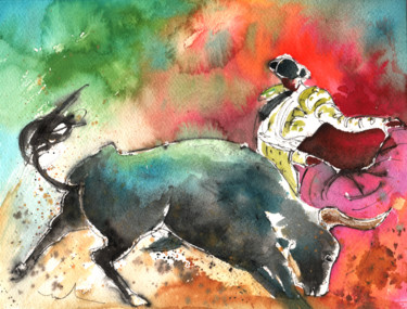 Malerei mit dem Titel "Bullfighting Under…" von Miki De Goodaboom, Original-Kunstwerk, Aquarell