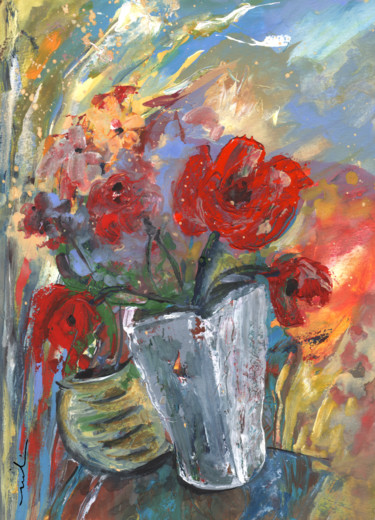 Schilderij getiteld "Red Flowers In A Wh…" door Miki De Goodaboom, Origineel Kunstwerk, Acryl