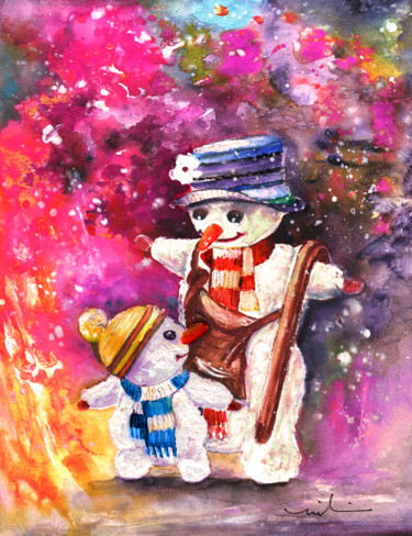 Peinture intitulée "SnowBall And SnowFl…" par Miki De Goodaboom, Œuvre d'art originale, Aquarelle