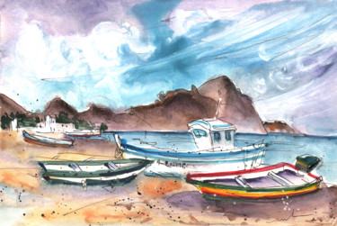 Pintura intitulada "Boats In Las Negras…" por Miki De Goodaboom, Obras de arte originais, Aquarela