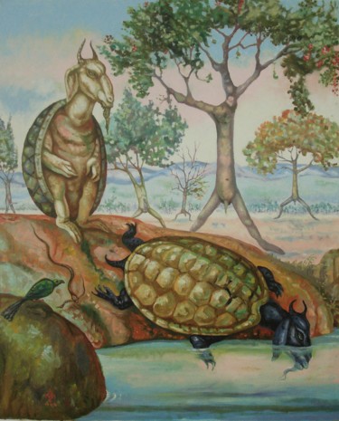 Peinture intitulée "goat-turtles of the…" par Gopikrishna, Œuvre d'art originale