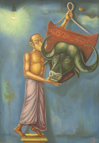 Painting titled "man hanging trophy,…" by Gopikrishna, Original Artwork