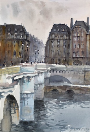 Schilderij getiteld "VIEW ON THE NOTRE D…" door Goran Žigolić (watercolors), Origineel Kunstwerk, Aquarel