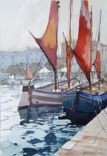 Painting titled "dans le port (in th…" by Goran Žigolić (watercolors), Original Artwork, Watercolor
