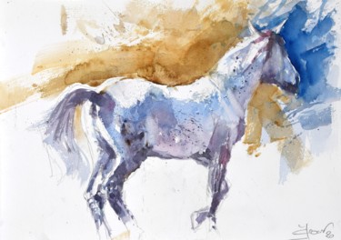 Картина под названием "White horse" - Goran Žigolić (watercolors), Подлинное произведение искусства, Акварель