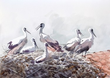 Peinture intitulée "Storks in the nest" par Goran Žigolić (watercolors), Œuvre d'art originale, Aquarelle