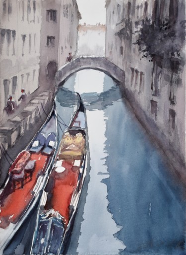 Pittura intitolato "Venice, gondolas" da Goran Žigolić (watercolors), Opera d'arte originale, Acquarello