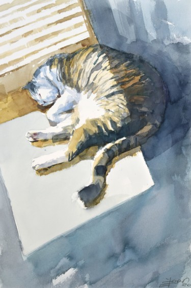 Peinture intitulée "Chat  (the cat )" par Goran Žigolić (watercolors), Œuvre d'art originale, Aquarelle