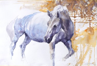 Pintura intitulada "Cheval Blanc 3 ( Wh…" por Goran Žigolić (watercolors), Obras de arte originais, Aquarela