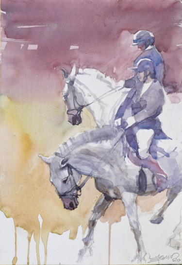 Peinture intitulée "Cavaliers et chevau…" par Goran Žigolić (watercolors), Œuvre d'art originale, Aquarelle