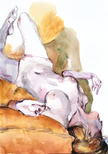 Peinture intitulée "Nu avec oreiller oc…" par Goran Žigolić (watercolors), Œuvre d'art originale, Aquarelle