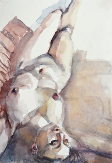 Pintura intitulada "Nue sur le lit (Nud…" por Goran Žigolić (watercolors), Obras de arte originais, Aquarela