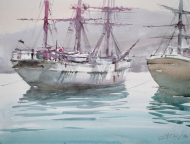 Pintura intitulada "Navires dans  le po…" por Goran Žigolić (watercolors), Obras de arte originais, Aquarela