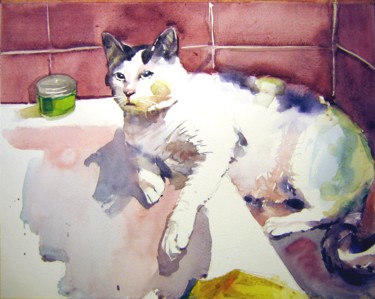 Pintura intitulada "Chat ( Cat )" por Goran Žigolić (watercolors), Obras de arte originais, Aquarela