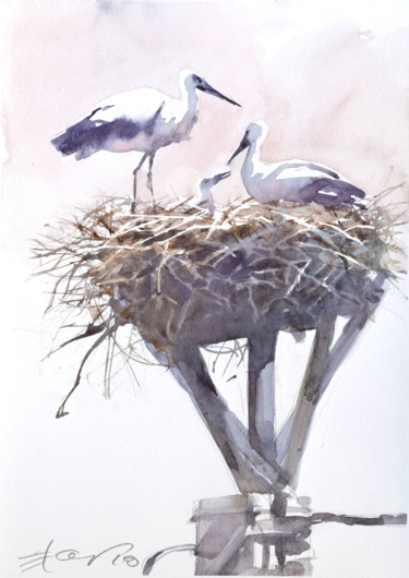 Malerei mit dem Titel "(Storks in the nest…" von Goran Žigolić (watercolors), Original-Kunstwerk, Aquarell