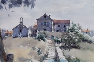 Картина под названием "VIllage sur l'île d…" - Goran Žigolić (watercolors), Подлинное произведение искусства, Акварель