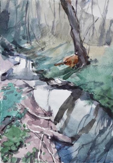 Pintura intitulada "Paysage forestier (…" por Goran Žigolić (watercolors), Obras de arte originais, Aquarela