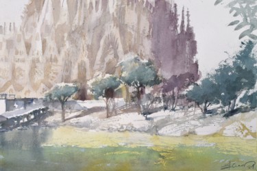 Malerei mit dem Titel "Park in Barcelona" von Goran Žigolić (watercolors), Original-Kunstwerk, Aquarell