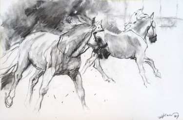 Dessin intitulée "Running horses" par Goran Žigolić (watercolors), Œuvre d'art originale, Fusain