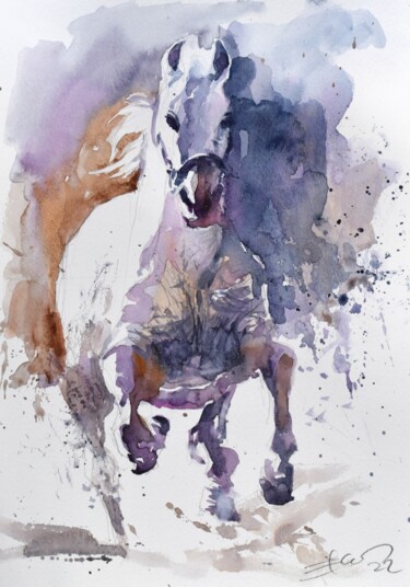 Pittura intitolato "The horse in the sn…" da Goran Žigolić (watercolors), Opera d'arte originale, Acquarello