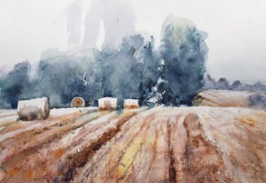 Peinture intitulée "Wheat field with ba…" par Goran Žigolić (watercolors), Œuvre d'art originale, Aquarelle