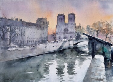 Картина под названием "Notre Dame at sunset" - Goran Žigolić (watercolors), Подлинное произведение искусства, Акварель