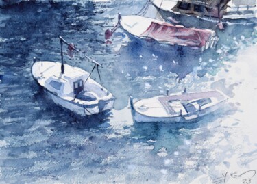 Malerei mit dem Titel "Trree boats ( Dubro…" von Goran Žigolić (watercolors), Original-Kunstwerk, Aquarell
