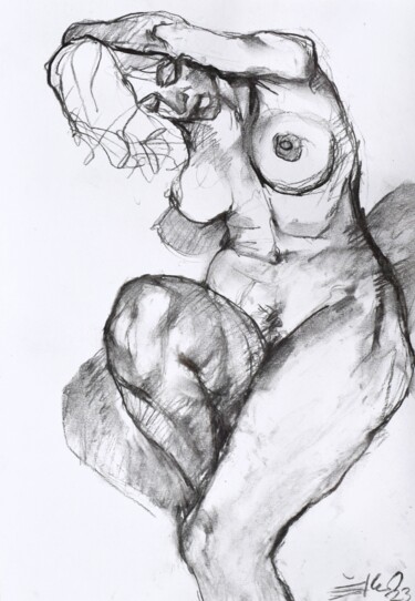 绘画 标题为“Nude with raised ha…” 由Goran Žigolić (watercolors), 原创艺术品, 木炭