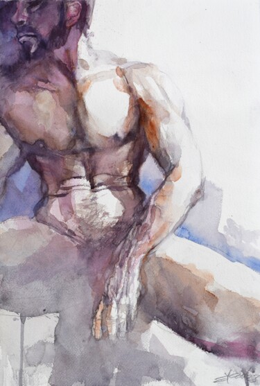 Peinture intitulée "Nude man sitting po…" par Goran Žigolić (watercolors), Œuvre d'art originale, Aquarelle