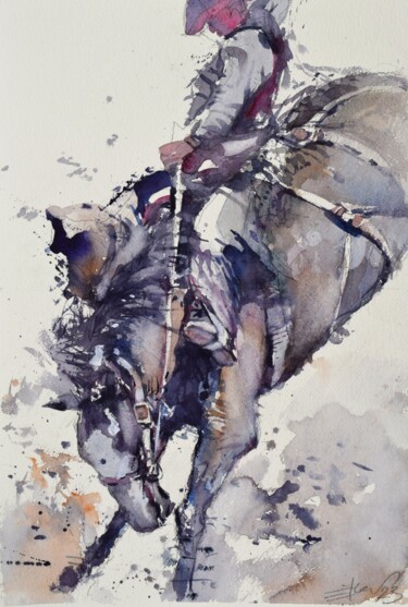 Schilderij getiteld "Cowboy and horse" door Goran Žigolić (watercolors), Origineel Kunstwerk, Aquarel