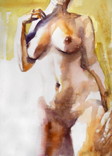 Painting titled "Nude female standin…" by Goran Žigolić (watercolors), Original Artwork, Watercolor
